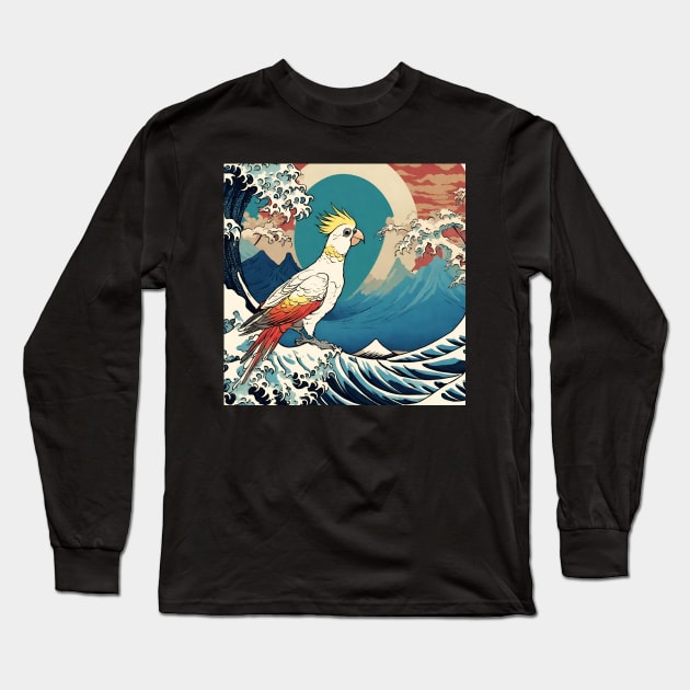 Vintage Cockatiel Bird Surfing in the Great Wave Bird Watching Bird Dad Feeder Long Sleeve T-Shirt by wigobun